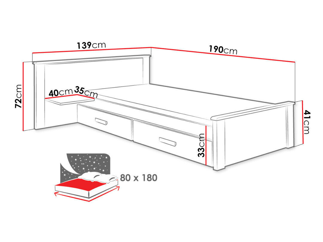 Gulta Aldo Plus, 80 x 180 cm, balta/ozola apdare cena un informācija | Gultas | 220.lv