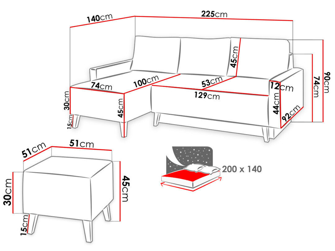 Izvelkams stūra dīvāns Oviedo + pufs cena un informācija | Dīvānu komplekti | 220.lv