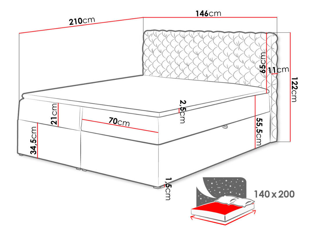 Kontinentālā gulta CHESTERFIELD, 140 x 200 cm, apdare Magic Velvet 2225 + virsmatracis cena un informācija | Gultas | 220.lv