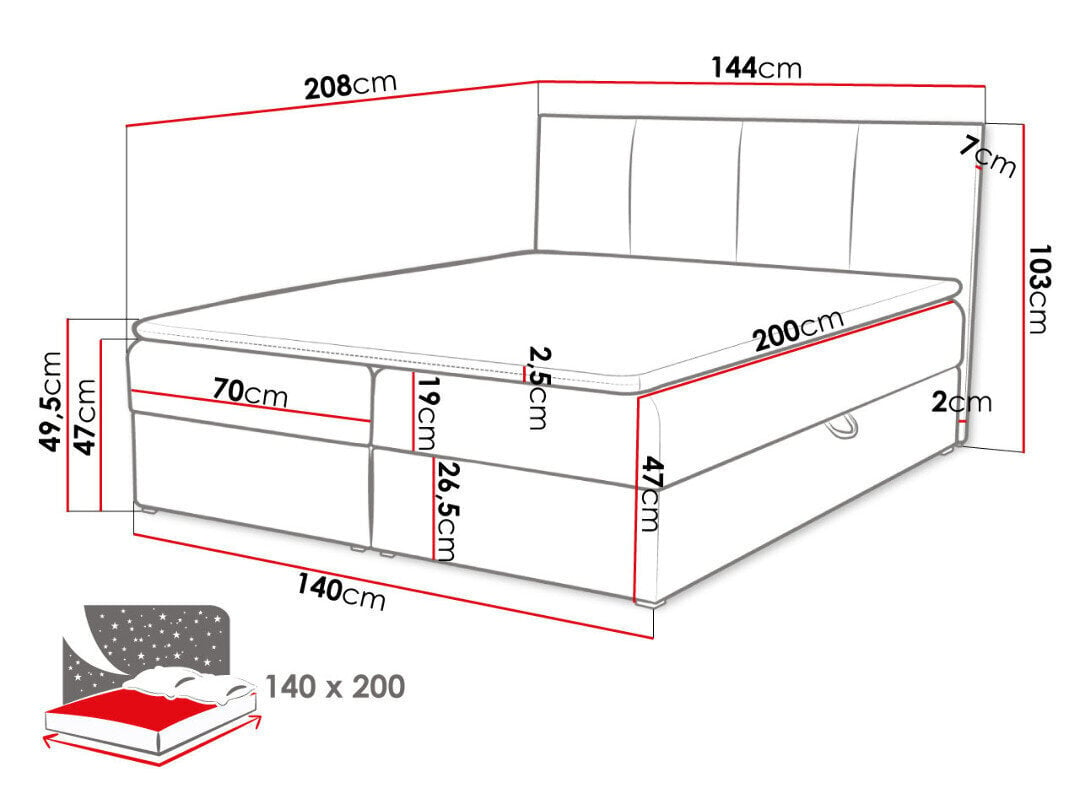 Kontinentālā gulta Rebos 140x200 cm cena un informācija | Gultas | 220.lv