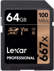 Lexar карта памяти SDXC 64GB Pro 667x U3 V30 100MB/s цена и информация | Карты памяти для фотоаппаратов | 220.lv