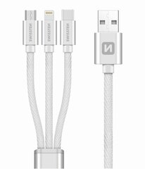 Swissten Textile Universal 3in1 USB-C / Lightning Data MFI / MircoUSB-кабель 1,2 м, Серебряный цена и информация | Кабели и провода | 220.lv