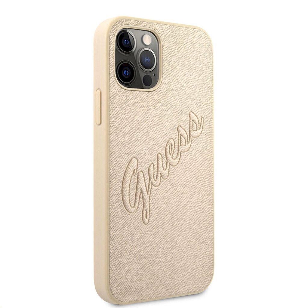 GUHCP12LRSAVSLG Guess PU Saffiano Vintage Script maciņš iPhone 12 Pro Max zelta cena un informācija | Telefonu vāciņi, maciņi | 220.lv