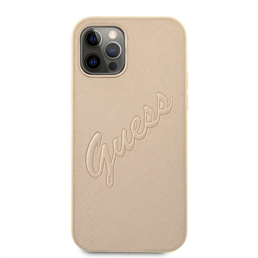 GUHCP12LRSAVSLG Guess PU Saffiano Vintage Script maciņš iPhone 12 Pro Max zelta cena un informācija | Telefonu vāciņi, maciņi | 220.lv