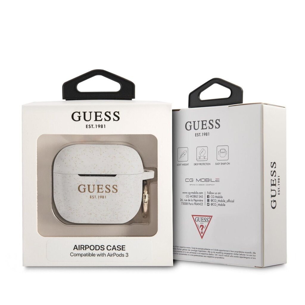 GUA3SGGEH Guess Glitter Printed Logo silikona maciņš Airpods 3 balts цена и информация | Austiņu piederumi | 220.lv