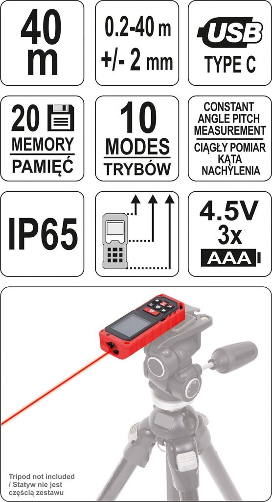 Lāzera attāluma mērītājs Yato (YT-73126) cena un informācija | Rokas instrumenti | 220.lv