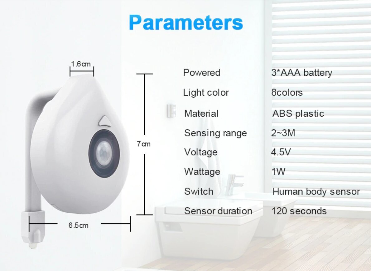 Ūdensizturīgs tualetes gaismeklis ar kustības sensoru, 8 krāsās cena un informācija | Vannas istabas aksesuāri | 220.lv