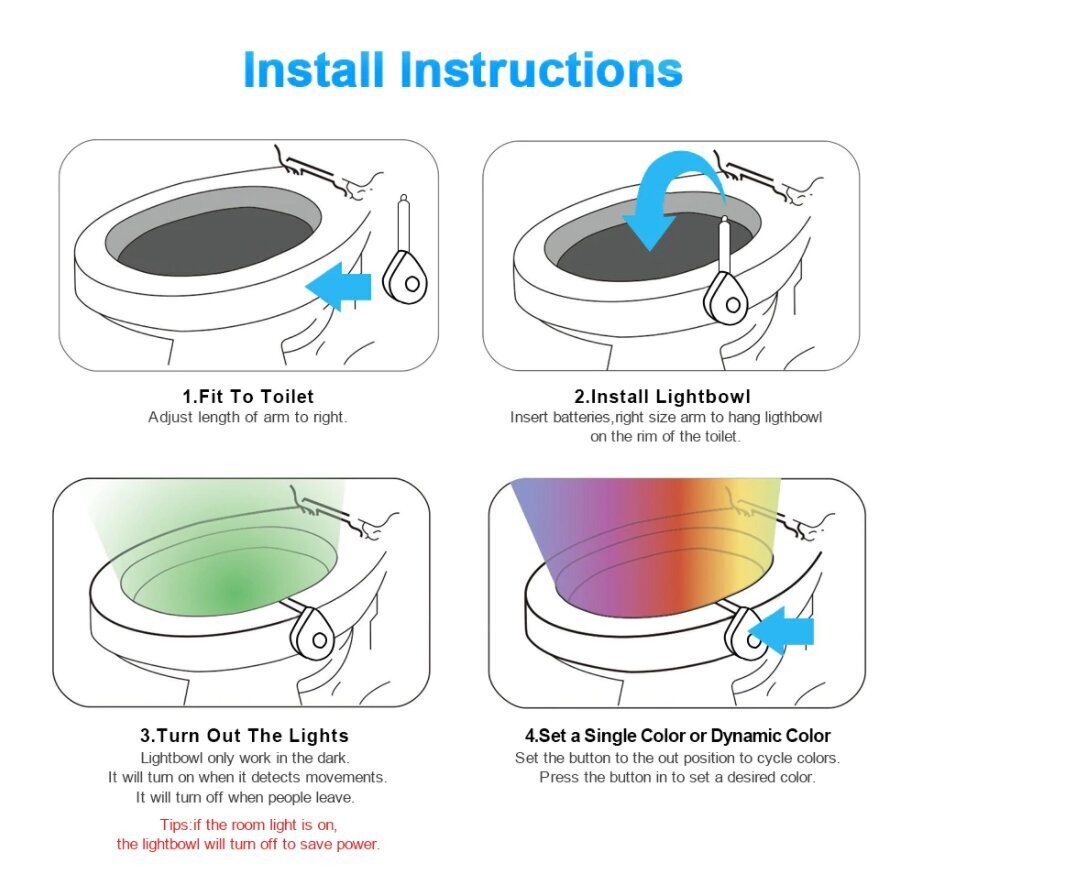 Ūdensizturīgs tualetes gaismeklis ar kustības sensoru, 8 krāsās cena un informācija | Vannas istabas aksesuāri | 220.lv