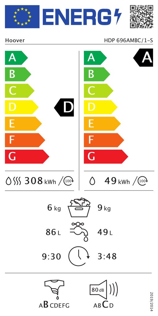 Veļasmašīna ar žāvētāju Hoover HDP 696AMBC/1-S, 9/6kg 1600 apgr./min., balta цена и информация | Veļas mašīnas | 220.lv