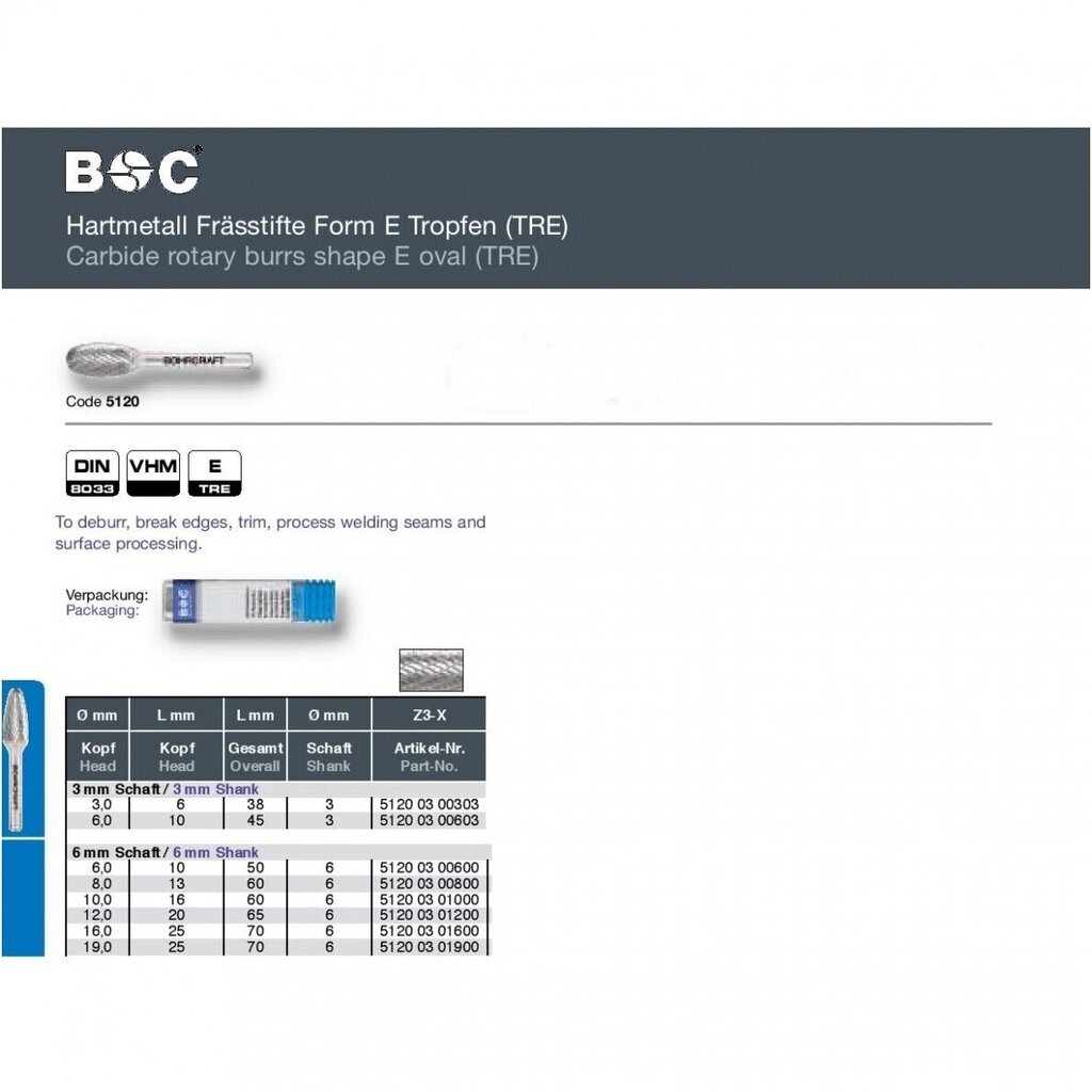 Cietmetāla frēze ovālas E formas Bohrcraft (Ø 6 mm) cena un informācija | Frēzes | 220.lv