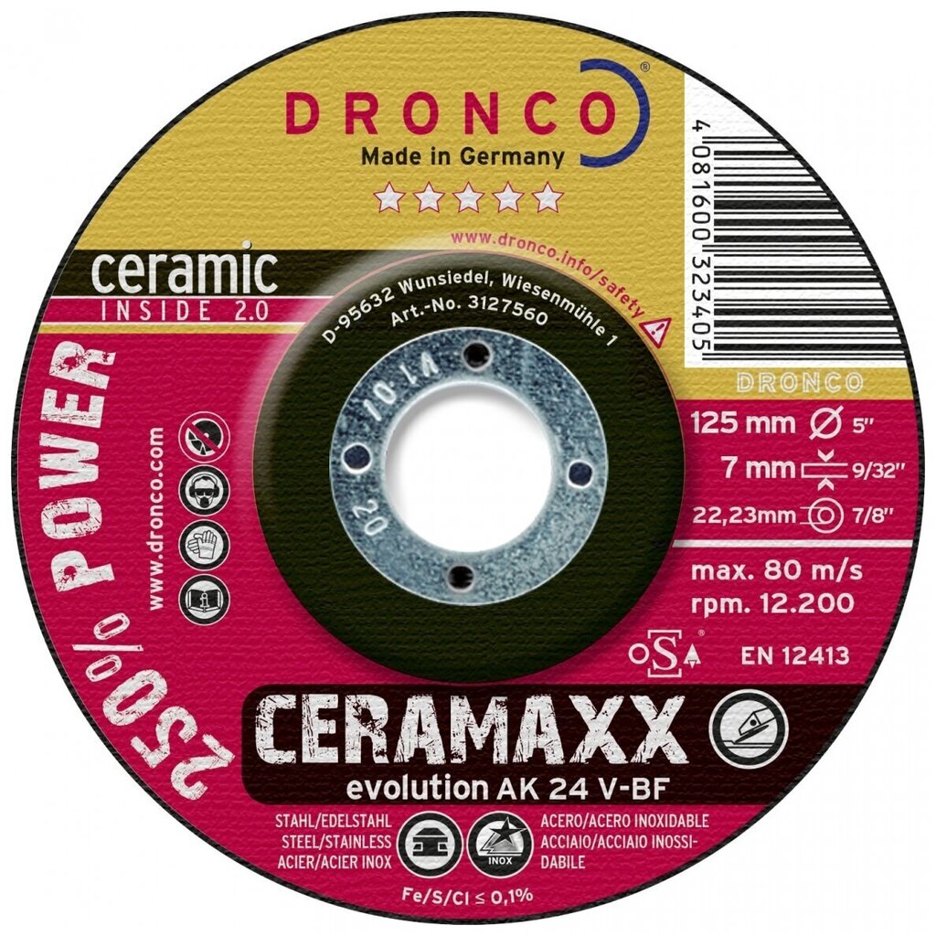Slīpēšanas disks DRONCO AK24V CeraMaxx T27 (125 x 7,0 x 22,23) cena un informācija | Slīpmašīnas | 220.lv