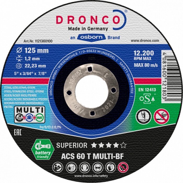 Griešanas disks DRONCO ACS 46/ ACS 60 T MULTI T41 (125 x 1,2 x 22,23) цена и информация | Skrūvgrieži, urbjmašīnas | 220.lv