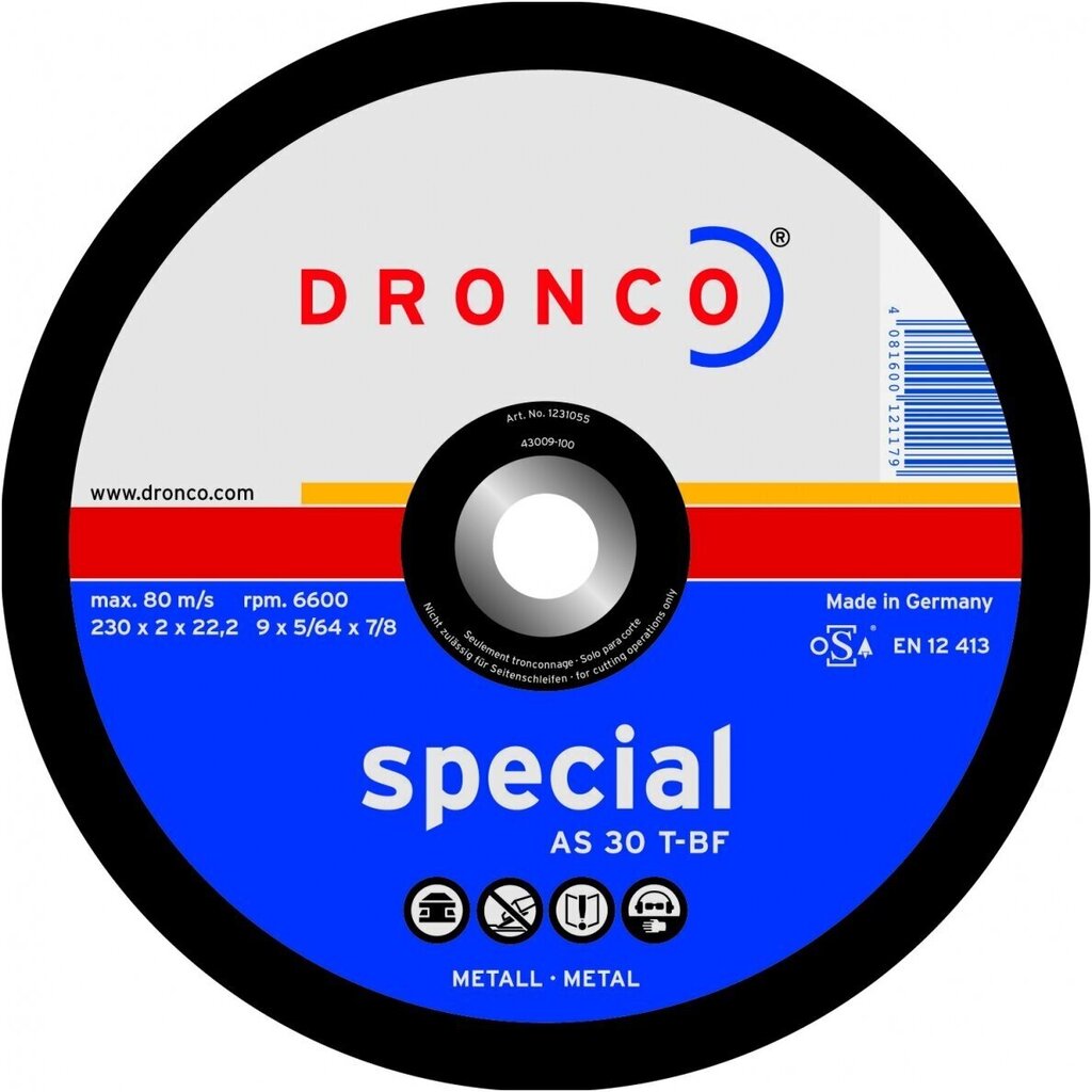 Griešanas disks DRONCO AS30T T41 (125 x 2,0 x 22,23) cena un informācija | Skrūvgrieži, urbjmašīnas | 220.lv