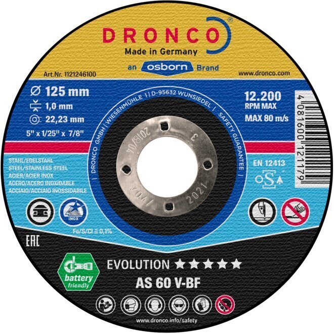 Griešanas disks DRONCO AS60V 125X1,0X22,23 T41 cena un informācija | Skrūvgrieži, urbjmašīnas | 220.lv