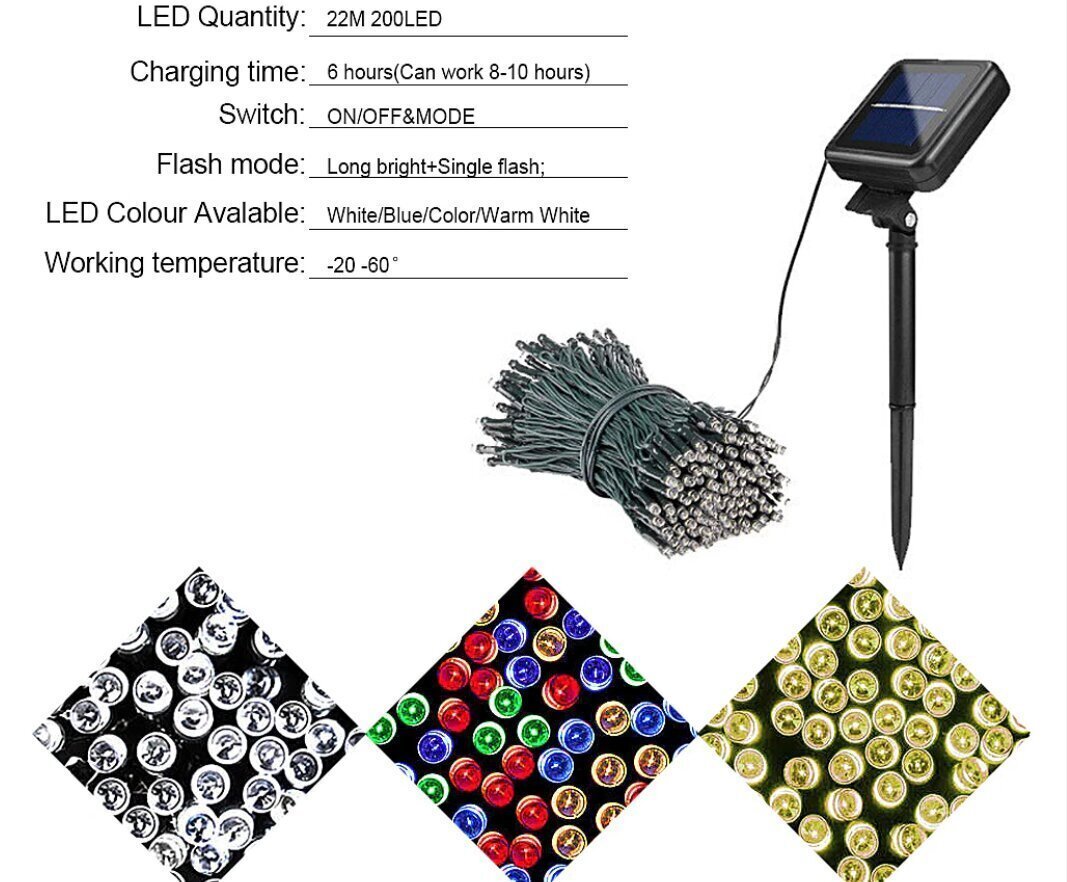 Ūdensnecaurlaidīga āra vītne ar saules bateriju, 22m 200 LED цена и информация | Ziemassvētku lampiņas, LED virtenes | 220.lv