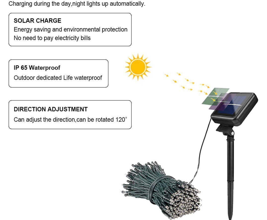 Ūdensnecaurlaidīga āra vītne ar saules bateriju, 22m 200 LED cena un informācija | Ziemassvētku lampiņas, LED virtenes | 220.lv