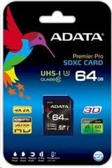 ADATA ASDX64GUI3V30S-R, 64GB цена и информация | Карты памяти для фотоаппаратов | 220.lv