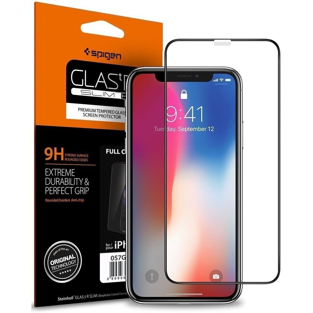 SPIGEN GLASS stikls paredzēts iPhone XI, iPhone XS, iPhone X, Melns cena un informācija | Ekrāna aizsargstikli | 220.lv