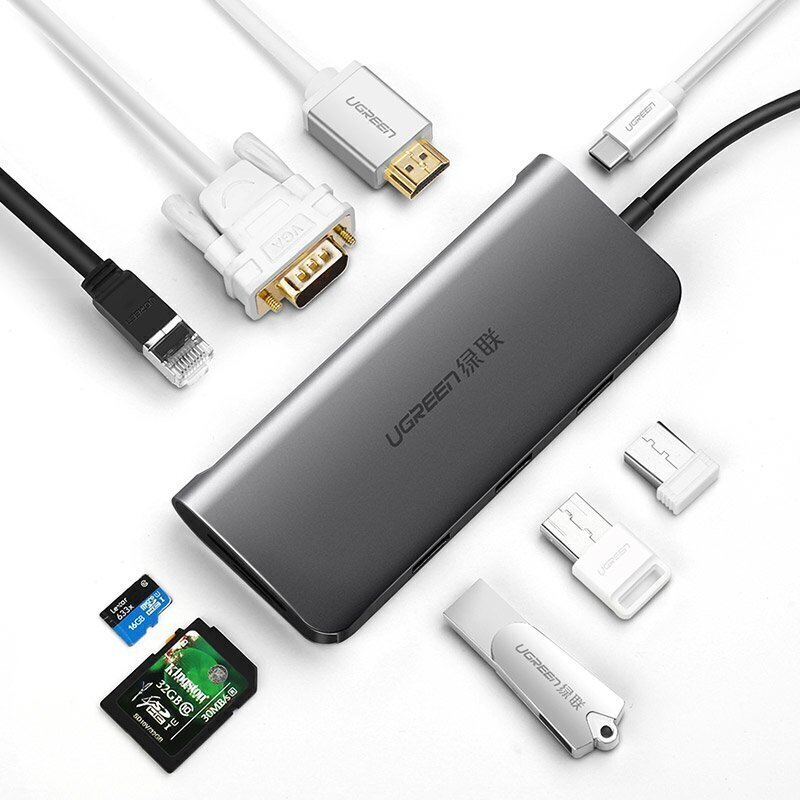 Ugreen CM179 USB-C-HDMI 4K, 3x USB 3.0, C tips, RJ45, SD, Micro SD, pelēks cena un informācija | Savienotājkabeļi | 220.lv