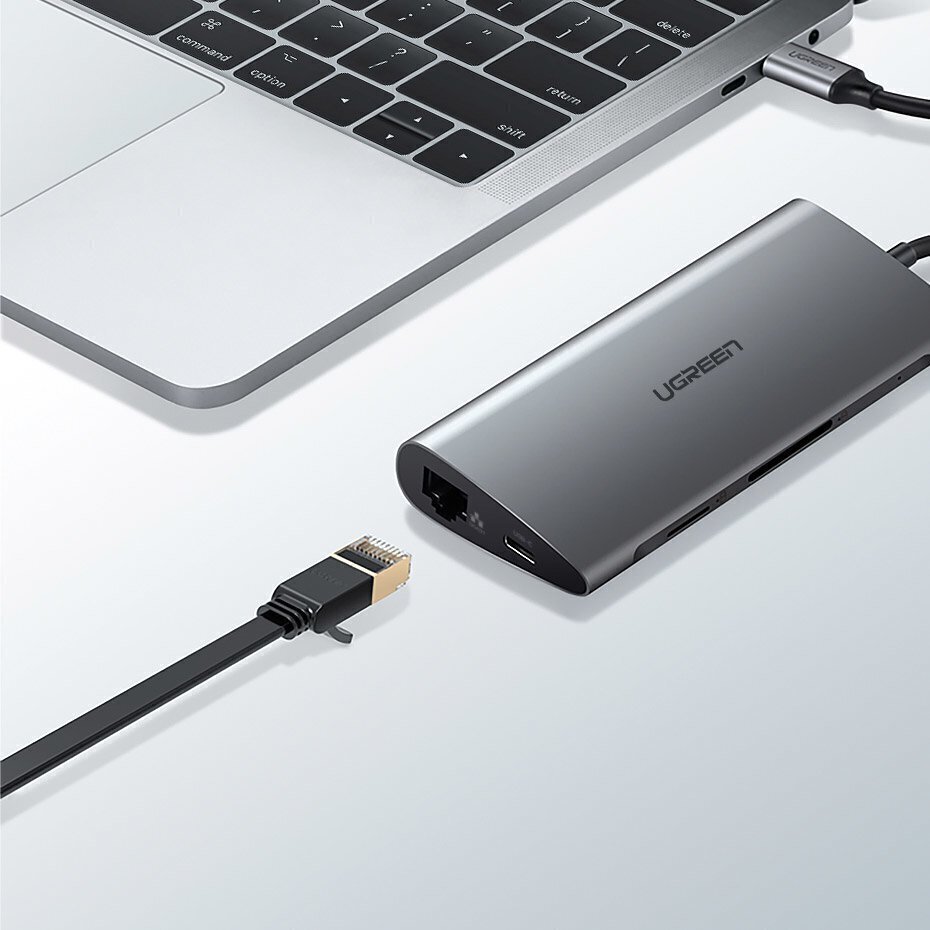 Ugreen CM179 USB-C-HDMI 4K, 3x USB 3.0, C tips, RJ45, SD, Micro SD, pelēks cena un informācija | Savienotājkabeļi | 220.lv