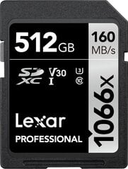 Карта памяти Lexar Professional 1066x SDXC UHS-I SDXC, 512 Гб, Silver, Class 10, U3, V30, 120 Mб цена и информация | Карты памяти для фотоаппаратов | 220.lv