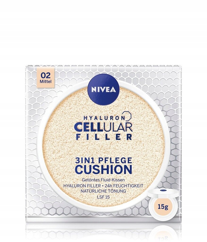 Nivea Hyaluron CELLular Filler 3in1 Care Cushion tonālais krēms 15 g, 02 Medium cena un informācija | Grima bāzes, tonālie krēmi, pūderi | 220.lv