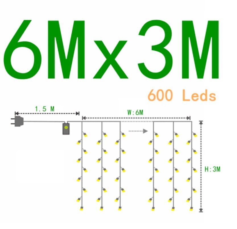 Virteņu aizkars, 600 LED 6x3 m, balts cena un informācija | Ziemassvētku lampiņas, LED virtenes | 220.lv