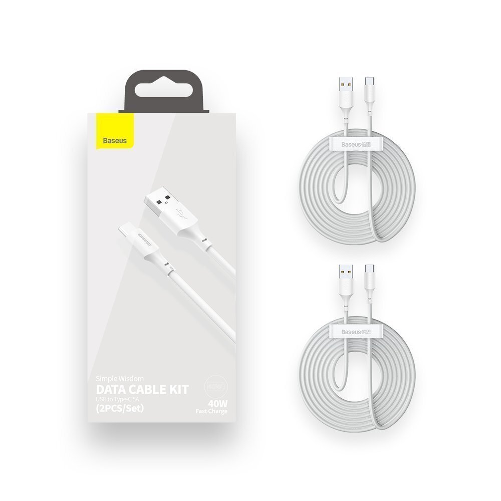 USB kabeļu komplekts Baseus Simple Wisdom Data Cable Kit USB to Type-C 5A 1.5m balts цена и информация | Savienotājkabeļi | 220.lv