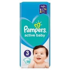 Autiņbiksītes PAMPERS Active Baby, 3. izmērs, 6-10 kg, 58 gab цена и информация | Подгузники | 220.lv