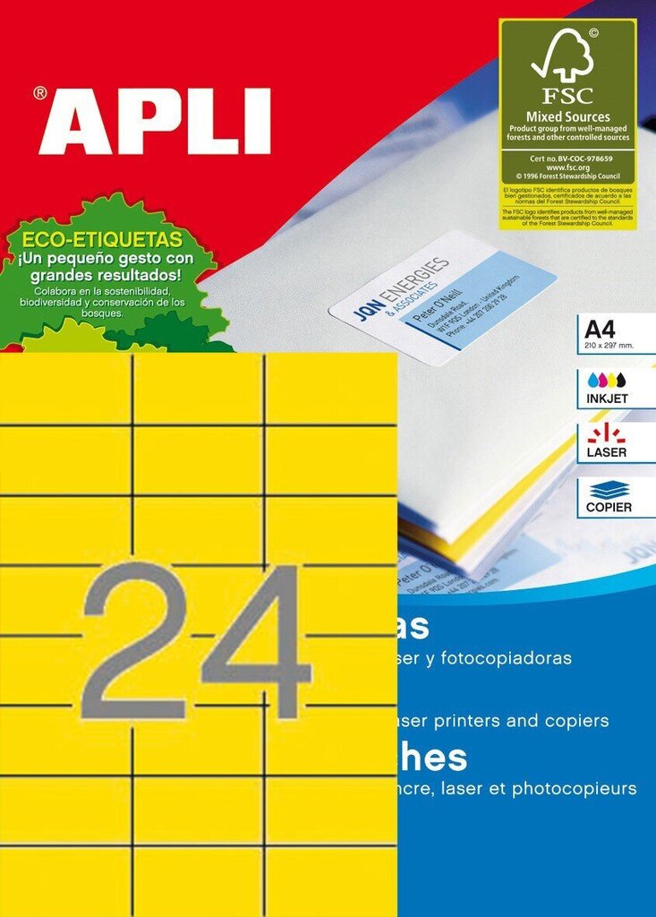 Etiķešu uzlīmes APLI 70x37 mm, A4, 24 uzlīmes vienā loksnē, 20 loksnes, dzeltena krāsa cena un informācija | Burtnīcas un papīra preces | 220.lv