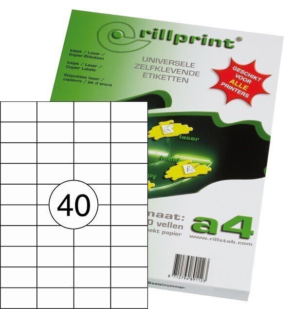 Etiķešu uzlīmes RILLPRINT 52,5x29,7 mm, A4, 40 uzlīmes vienā lapā, 100 lapas cena un informācija | Burtnīcas un papīra preces | 220.lv