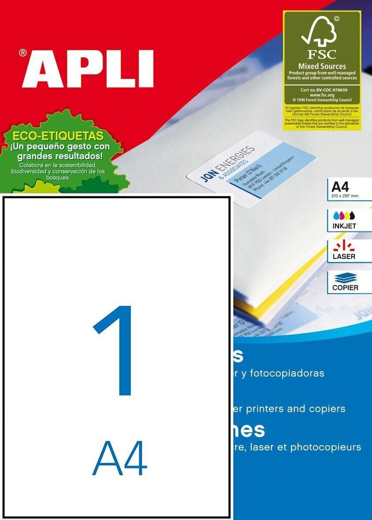 Etiķešu uzlīmes APLI 210x297 mm, A4, lapā 1 uzlīme, 20 lapas. cena un informācija | Burtnīcas un papīra preces | 220.lv