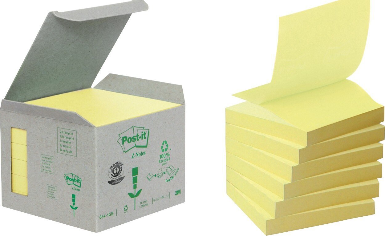 Ekoloģisku līmlapiņu kubs POST-IT Recycled Z-notes, 76x76 mm, 600 lapiņas, dzeltenas cena un informācija | Burtnīcas un papīra preces | 220.lv