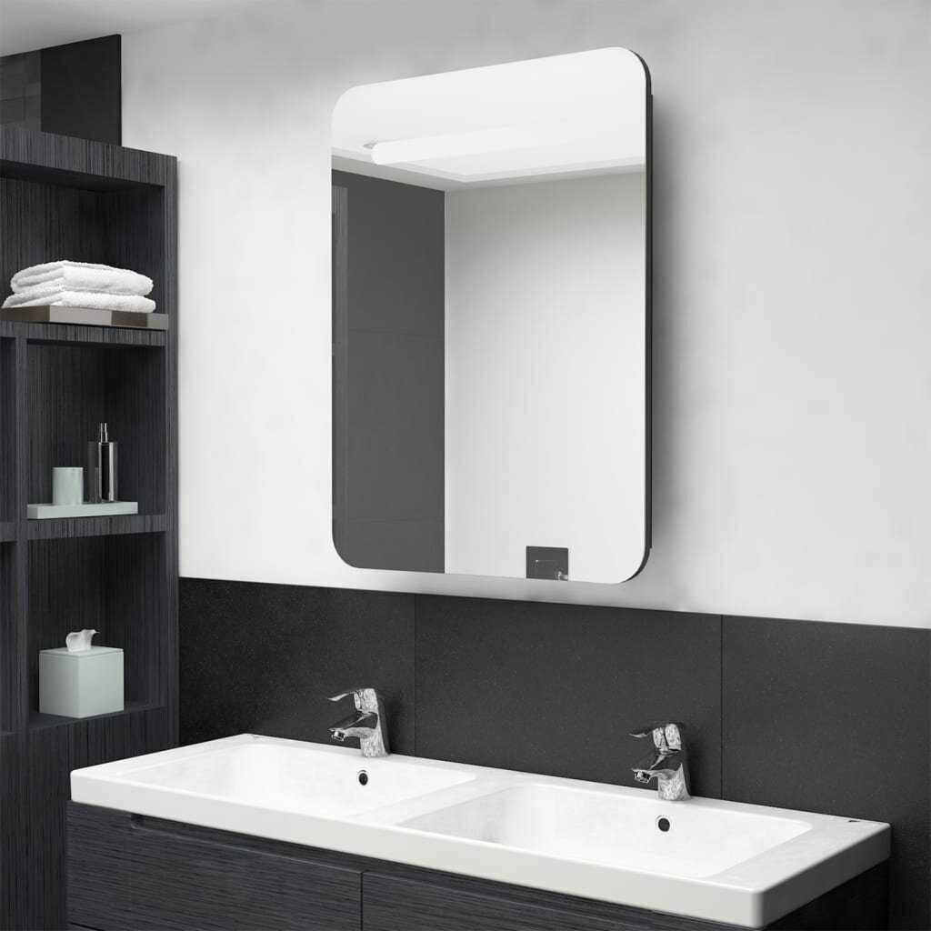 Vannas istabas skapis ar spoguli un LED apgaismojumu, 60x11x80 cm, melns цена и информация | Vannas istabas skapīši | 220.lv