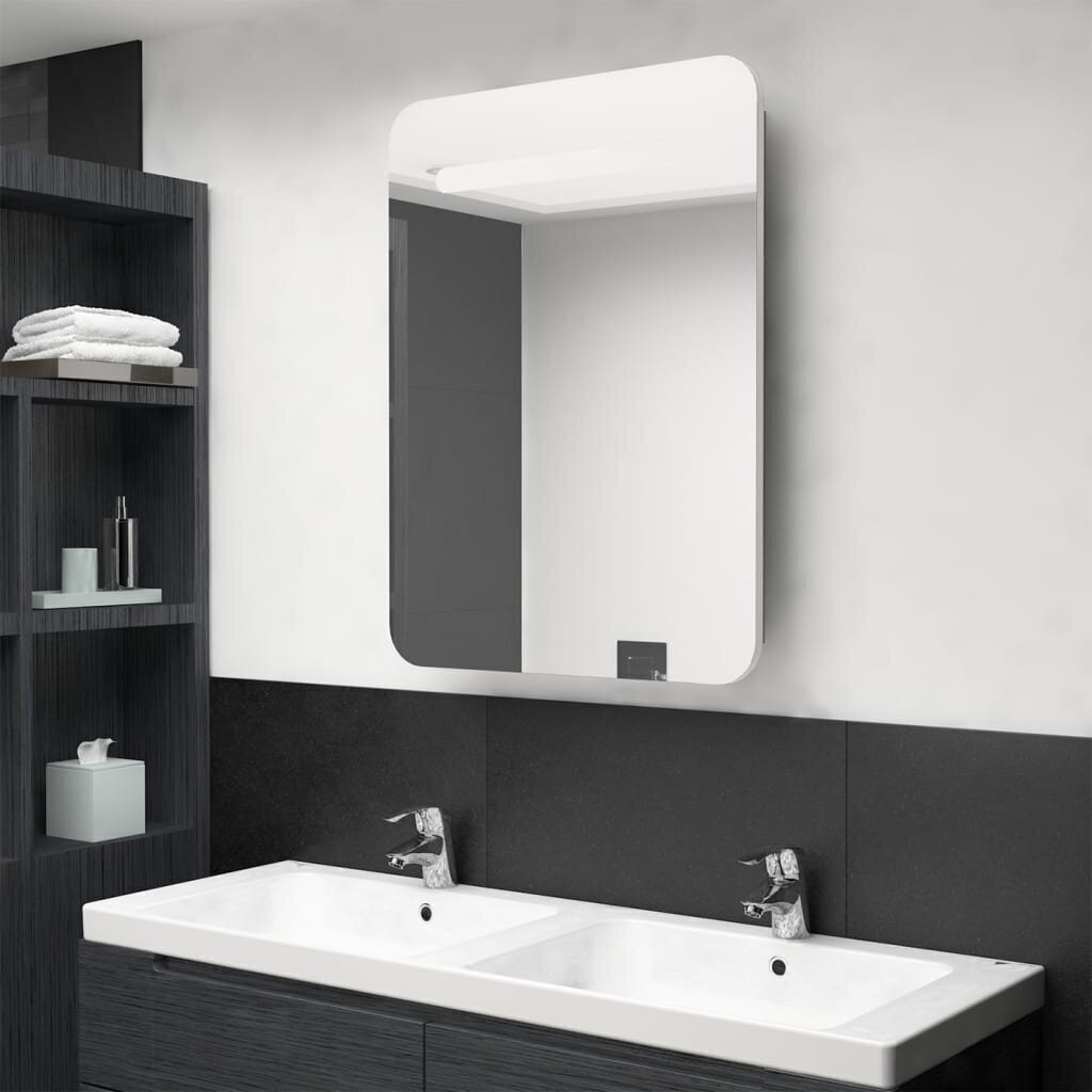 Vannas istabas skapis ar spoguli un LED, 60x11x80 cm, balts/ozols цена и информация | Vannas istabas skapīši | 220.lv