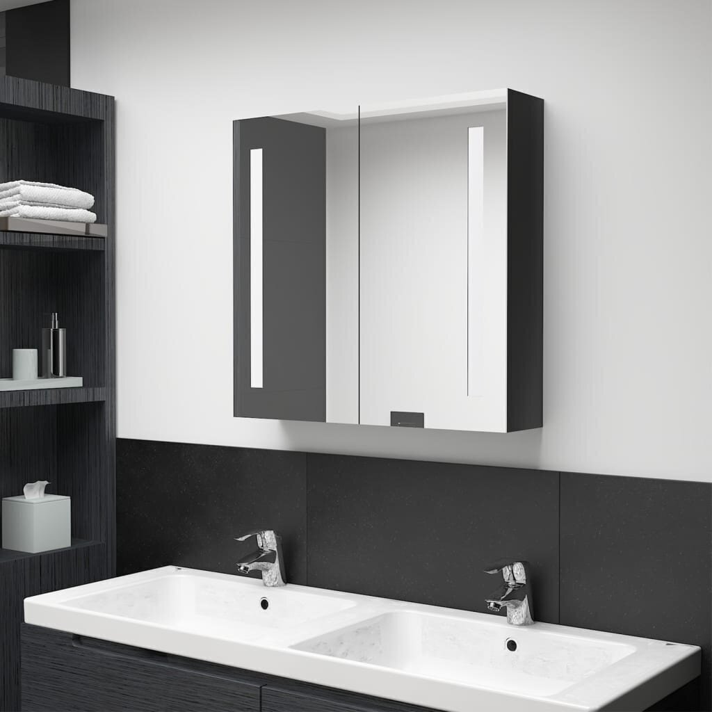 Vannas istabas skapis ar spoguli un LED apgaismojumu, 62x14x60 cm, melns cena un informācija | Vannas istabas skapīši | 220.lv