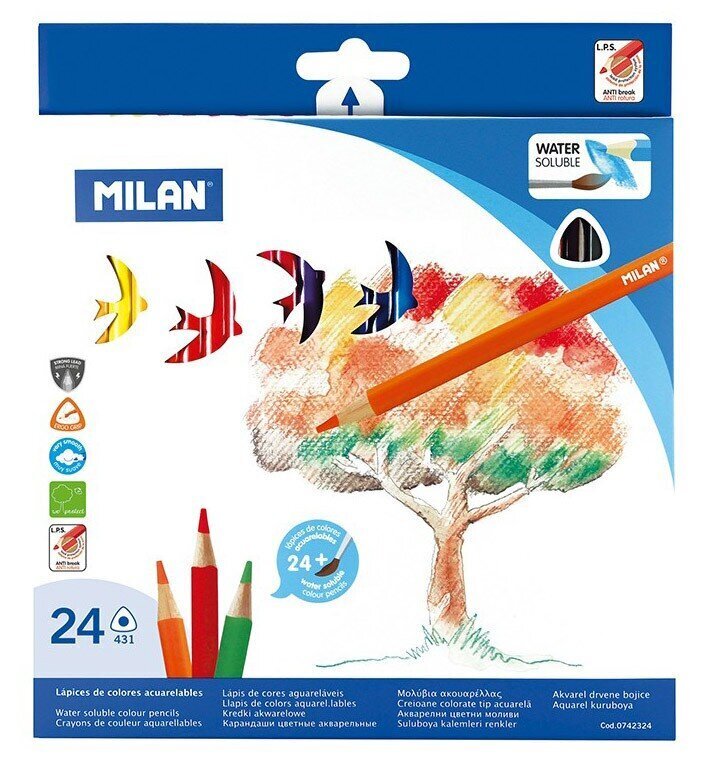 Ūdenī šķīstoši krāsainie zīmuļi MILAN 324, 24 krāsas, ar otu цена и информация | Modelēšanas un zīmēšanas piederumi | 220.lv