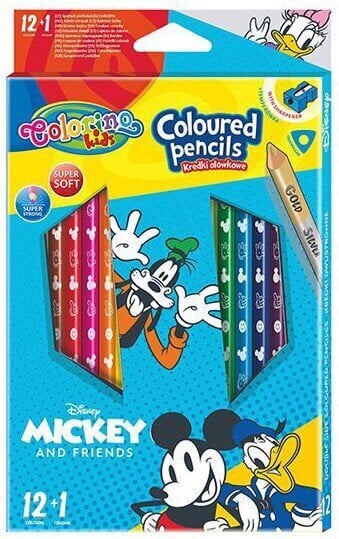 Krāsaini zīmuļi COLORINO Disney "Mickey", trīsstūrveida, ar asināmo, 12 krāsas цена и информация | Modelēšanas un zīmēšanas piederumi | 220.lv