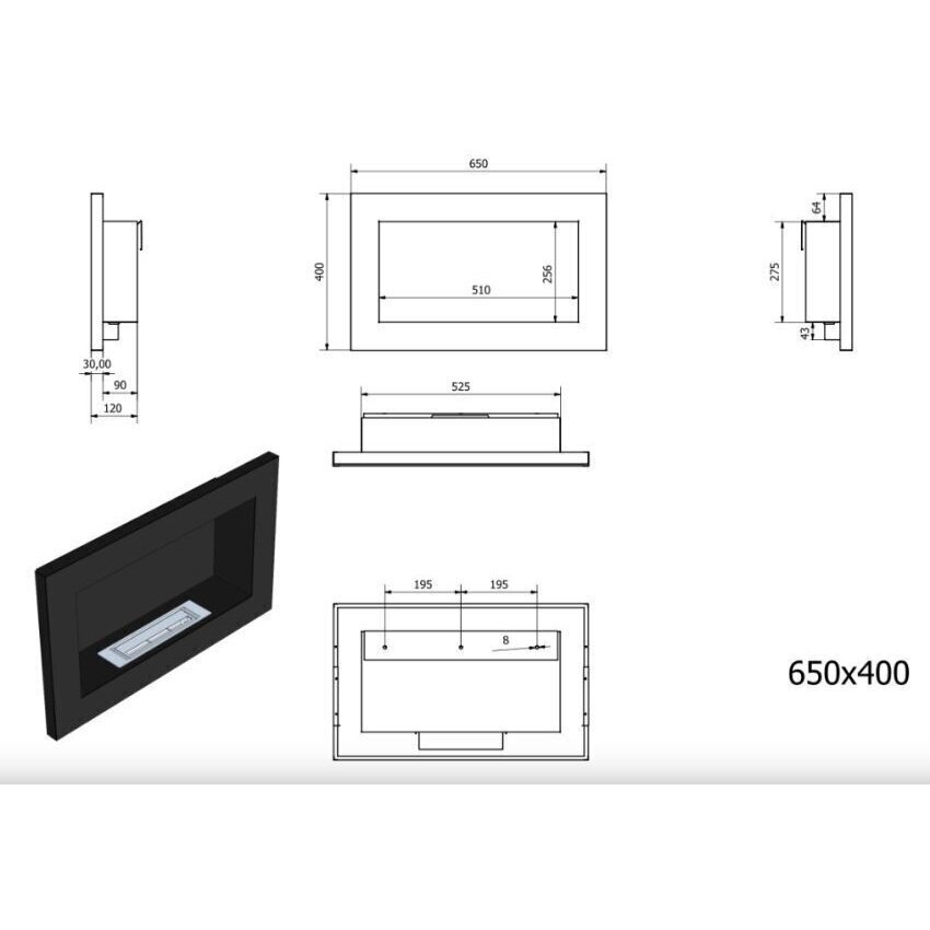 Sienas-iebūvējamais biokamīns Bioheat 650x400 Black cena un informācija | Kamīni | 220.lv