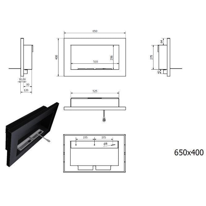 Sienas-iebūvējamais biokamīns Bioheat 650x400 Black Glass cena un informācija | Kamīni | 220.lv