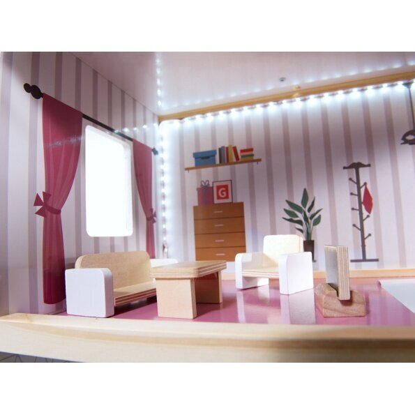Koka leļļu mājiņa MDF, ar LED apgaismojumu un mēbelēm, 78 cm cena un informācija | Rotaļlietas meitenēm | 220.lv