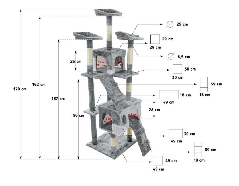 Skrāpēšanas stabs kaķiem ar 2 mājām Funfit XXL, pelēks cena un informācija | Kaķu mājas, nagu asināmie | 220.lv