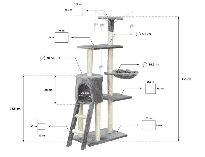 Kaķu nagu asināšanas stabs-mājiņa ar rotaļlietām Funfit, 135 cm цена и информация | Kaķu mājas, nagu asināmie | 220.lv