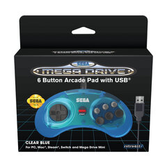 6-кнопочный аркадный USB-пэд Retro-Bit SEGA Mega Drive - прозрачный синий (SWITCH, PS3, ПК, Mega Drive Mini) цена и информация | Джойстики | 220.lv
