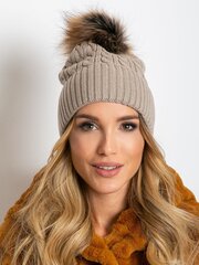Cepure ar kažokādas pomponu, bēša cena un informācija | Sieviešu cepures | 220.lv