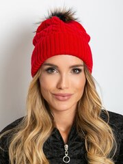 Cepure ar kažokādas pomponu, sarkana cena un informācija | Sieviešu cepures | 220.lv