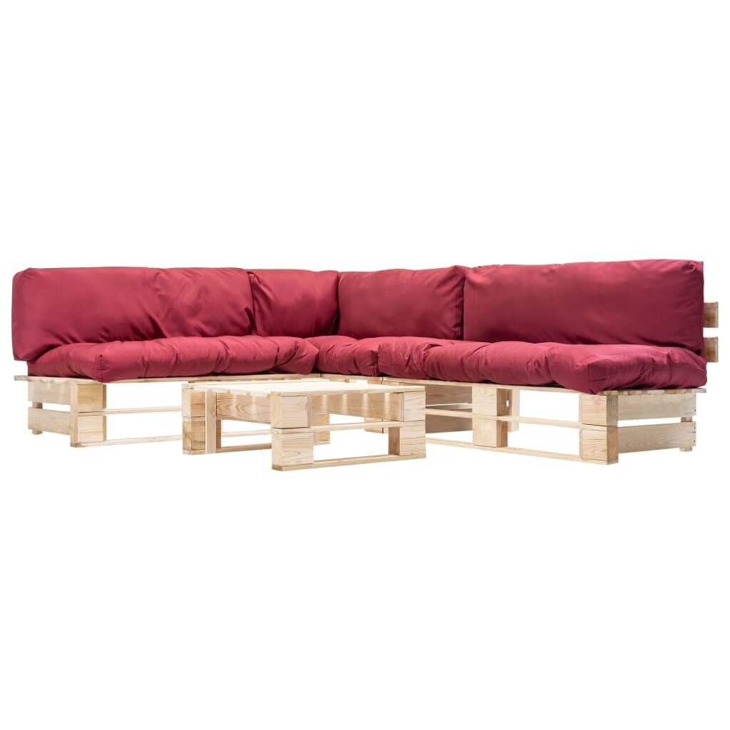 vidaXL 4-daļīgs palešu dīvānu komplekts ar sarkaniem matračiem, koks цена и информация | Dārza mēbeļu komplekti | 220.lv