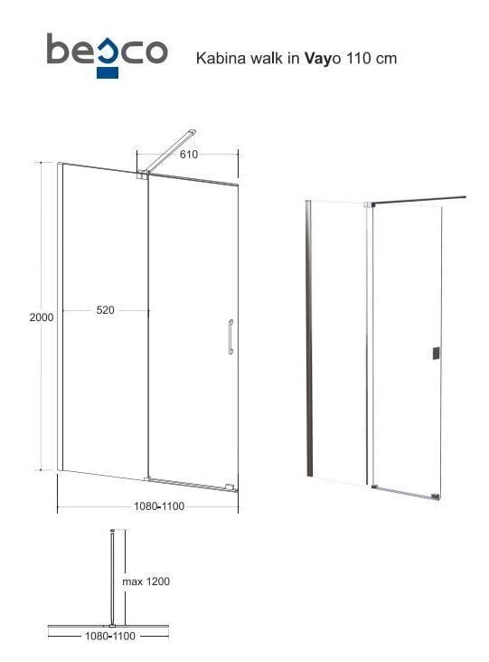 Walk-In dušas kabīne Besco Vayo, 100,110,120 x 200 cm cena un informācija | Dušas durvis, dušas sienas | 220.lv