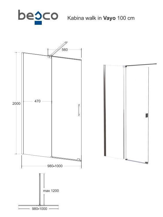 Walk-In dušas kabīne Besco Vayo, 100,110,120 x 200 cm cena un informācija | Dušas durvis, dušas sienas | 220.lv