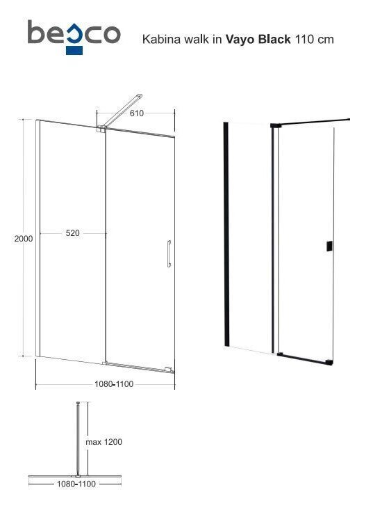 Walk-In dušas kabīne Besco Vayo Black, 100,110,120 x 200 cm cena un informācija | Dušas durvis, dušas sienas | 220.lv